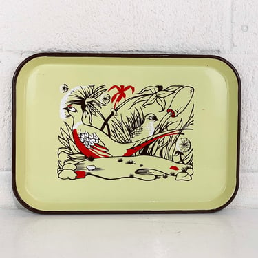 Vintage Pheasant Porcelain Tray Yellow Metal Drink Serving Plate Mid-Century Enamel Ingram Richardson Porcelain 1940s 
