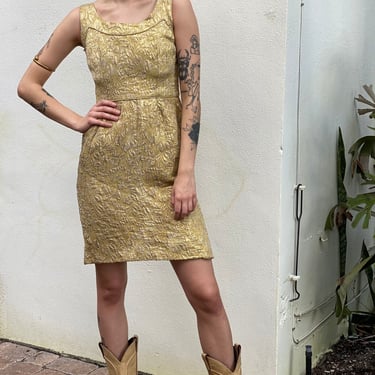 1960's Gold Dress with Lamé Flowers / Golden Party Dress / Cocktail Dress from the Sixties / Hourglass Wiggle Dress 