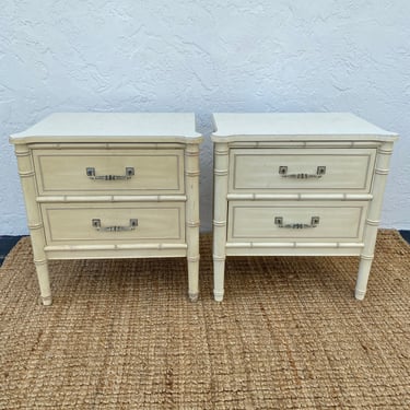 Set of 2 Faux Bamboo Nightstands by Henry Link Bali Hai FREE SHIPPING - Vintage Creamy White End Tables Hollywood Regency Coastal Furniture 