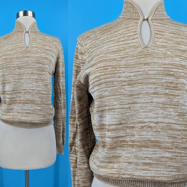 Vintage 70s Jaeger London Spacedye Silk Wool Pullover Sweater - Seventies Tan Small Mockneck Keyhole Sweater 