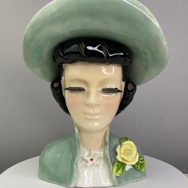 Vintage Lady Head Vase | Big Hat with Front Bill | Cardigan with ruffles | Flowers and Star | Curled Hair Bangs | Style of Betty Lou Nichols 