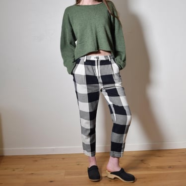 Softest Organic Cotton Black + White MARA HOFFMAN Buffalo Plaid LUMBERJACK High Waist Work Wear Crop Trouser Pants Size 6 