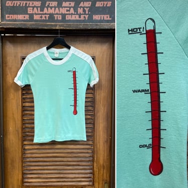 Vintage 1970’s Hot Thermometer Cartoon 50/50 Mint Green T-Shirt, 70’s Tee Shirt, Ringer Tee, Vintage Clothing 