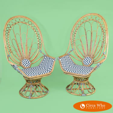 Pair of Highback Swivel Rattan Throne Chairs