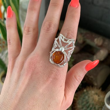 Big Amber Sterling Spider Ring