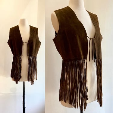 Vintage 60s 70s SUEDE LEATHER Vest / Long FRINGE / Chocolate Brown 