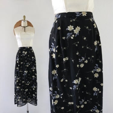 chiffon floral maxi skirt - 30-36 - vintage 90s y2k womens floral long sheer elastic waist cute cottage cottagecore skirt 