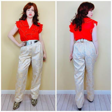 1990s Vintage Allison Woods Gold and Cream Damask Pants / 90s Metallic Satin High Waisted Trousers / Size XL Waist 28-36" 