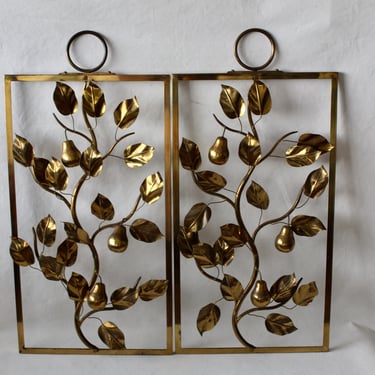 Italian Vintage Mid Century Brass Wall Plaques featuring Pears Vines Leaves-a Pair 