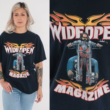 Wide Open Magazine T Shirt Y2K Biker Tshirt 00s Motorcycle Graphic Tee Black Flames Print Vintage 00s Large L 