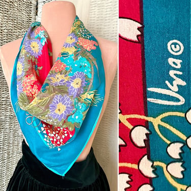 Large Silk Scarf, Vintage Vera, Bright Teal, Holly Leaves, Square Foulard, Signed 