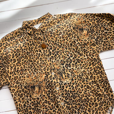 leopard print shirt | 80s 90s vintage Casey & Max tan black spotted cheetah novelty print cotton blouse 