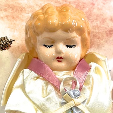 VINTAGE: Porcelain Angel Doll Ornament - Fabric Angel Bust - Christmas Angel - SKU 00035010 