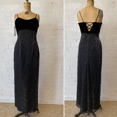 vintage 1990s black formal, 90s velvet scott mcclintock dress, lace up open back, sheer flocked skirt, size small, y2k fashion 