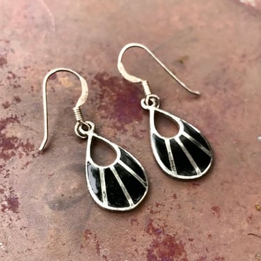 Vintage Sterling Silver Inlaid Black Stone Earrings Teardrop 925 MO THA Signed 