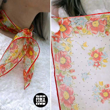 Dainty Vintage 50s 60s Red Yellow Blue Floral Border Sheer Square Scarf 