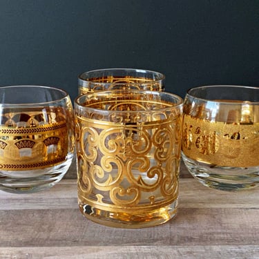 Vintage gold glass barware, Set of 4 mismatched cocktail glasses, Culver and Briard rocks & roly poly glasses 