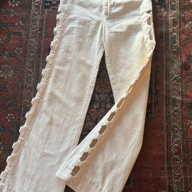 Vintage 1960s White Linen Side Cut Out Flared Pants Trousers Flares XS XXS by TimeBa