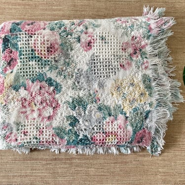 Vintage Throw Blanket - Textured Floral Cottage Style Throw Waffle Knit Hearts - Pink Green Yellow on Cream/Ecru - Cottage Garden Style 