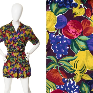 Vintage 1980s Romper | 80s Fruit Novelty Print Rayon Shorts Printed Summer Jumpsuit (small/medium) 