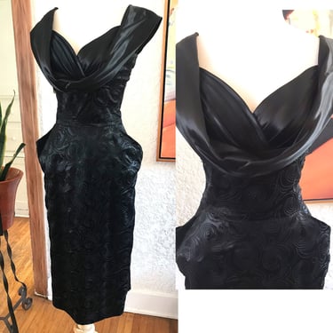 Killer Bombshell Vintage 1950's Black Satin Cocktail Party Wiggle Dress  -Size Med 