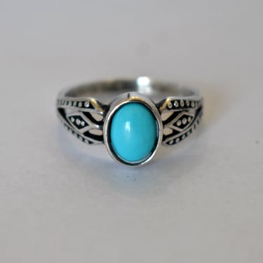 80's sterling turquoise size 8 goth solitaire, beaded M 925 silver oval blue stone hippie ring 