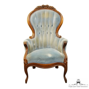 Vintage Antique Pale Blue Velvet Upholstered Gentleman's Parlor Arm Chair 