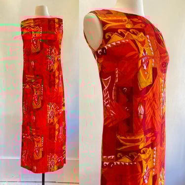 Vintage 60s 70s HAWAIIAN Maxi Dress / TIKI Floral BARKCLOTH Column Wiggle Dress / Vibrant Orange + Mustard + Red  / Ti'a Made in Hawaii 