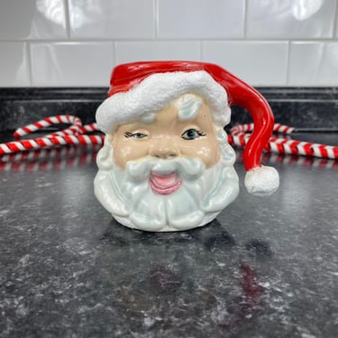 Vintage Mid Century Winking Santa Clause Face Mug, Ceramic Hand Painted Christmas Mug, Santa Face Christmas Mug, Planter Vase, Ceramic Decor 