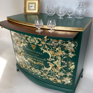 Emerald Green and gold leaf sever bar, unique home decor, French furniture, refurbished sever, grand millennial home decor, elegant bar, 