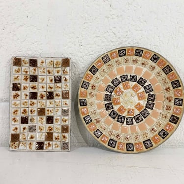 Vintage Tile Dish Mosaic Brown Ivory Gold Mid-Century Retro MCM Ring Dishes 1970s 