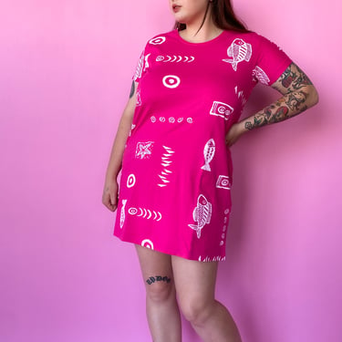1990s Pink Fish Print T-Shirt Dress, sz. XL-2XL