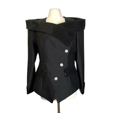 Vintage Lisa Rene Black Glsm Cocktail Dramatic Runway Wide Neck Rhinestone Button Sequin Tuxedo Jacket Size 10 
