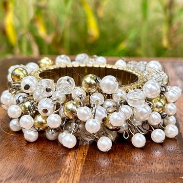 Vintage 80s Bracelet Imitation Pearl Clear Gold Beads Metal Stretch Band Retro Fashion Jewelry 