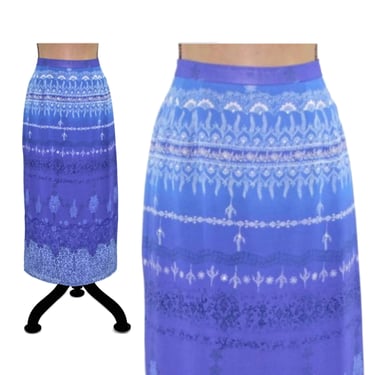 Chiffon Maxi Skirt Petite Medium, High Waist Long Pencil Skirt, Blue Purple Print, 1990s Clothes Women, Vintage 90s from Plaza South Size 10 