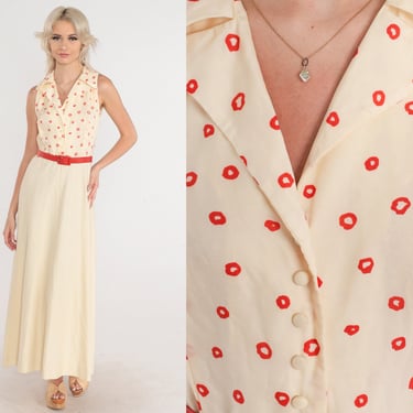 70s Maxi Dress Long Cream Dress Belted Red Dot Print Collared Button up Sleeveless Preppy Day High Waisted Retro Seventies Vintage 1970s XS 