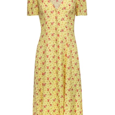 Reformation - Yellow Floral Print Short Sleeve Midi Dress Sz 0