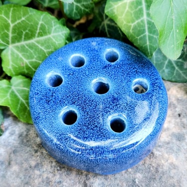 Vintage Pottery Flower Frog~Blue Glazed Ceramic 