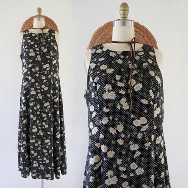 daisy dot dress - m - vintage 90s 1990s womens floral cute cottage cottagecore size medium long maxi black polka dot 