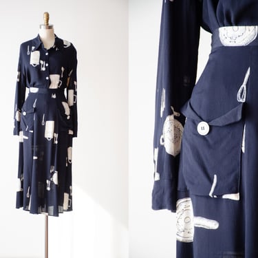 navy midi skirt set | 90s vintage Hanna for La Journee novelty cooking theme navy blue white rayon 2 piece set 