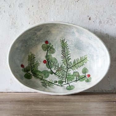Vintage Pottery Art, Green Pine and Berries Dish, Christmas Decor 