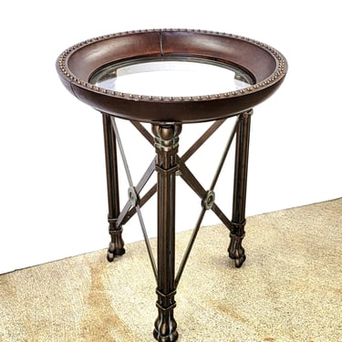 Maitland Smith Round Iron Leather Glass Side / End Table 