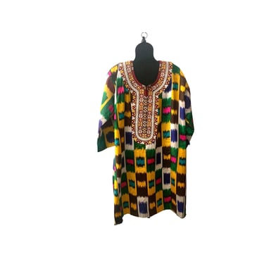 Vintage Uzbek Ikat and Crewel Placket Silk Dress 