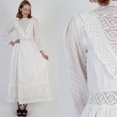 White 70s Cotton Mexican Wedding Dress Tuxedo Ruffle Crochet Lace Vintage Monochrome Criss Cross Pintuck Maxi Dress 