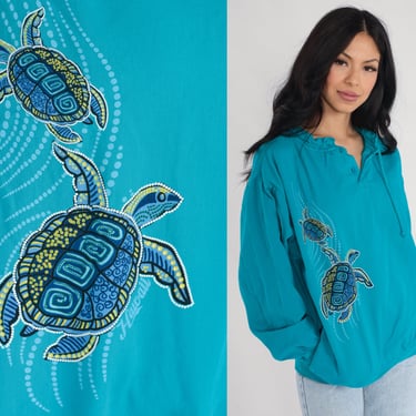 Long Sleeve Turtle Shirt Crazy Shirts Hawaiian Drawstring Neckline Turquoise Slouchy Shirt 00s Surf Shirt Vintage Animal Cotton Small S 