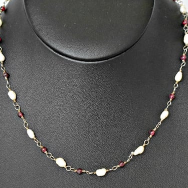 60's sterling garnet rice pearl Bohemian flower child choker, romantic beaded 925 silver necklace 