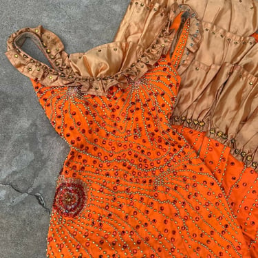 Vintage 1950s Orange Satin Burlesque Dress Rhinestones Beading Costume Ruffle