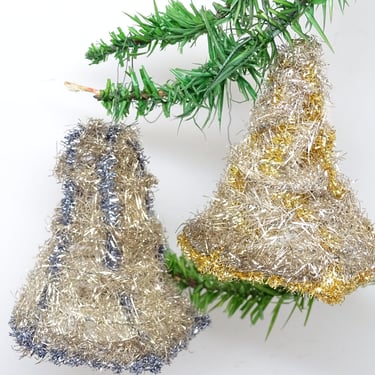 2 Antique Early 1900's Bell Shaped Tinsel Christmas Ornaments, Vintage Victorian Holiday Decor 