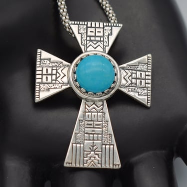 Vintage Roderick & Marilyn Tenorio 925 silver turquoise cross pendant, big RMT Relios sterling necklace 