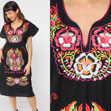 Mexican Embroidered Dress Black Rainbow Midi Boho Tunic Dress Hippie Floral Bohemian Vintage Embroidery Traditional Large L 